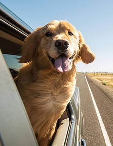 Golden retriever dog on a road trip looking out of car window