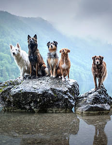 Dogs of different Breeds are sitting on a rock in beautiful scenery